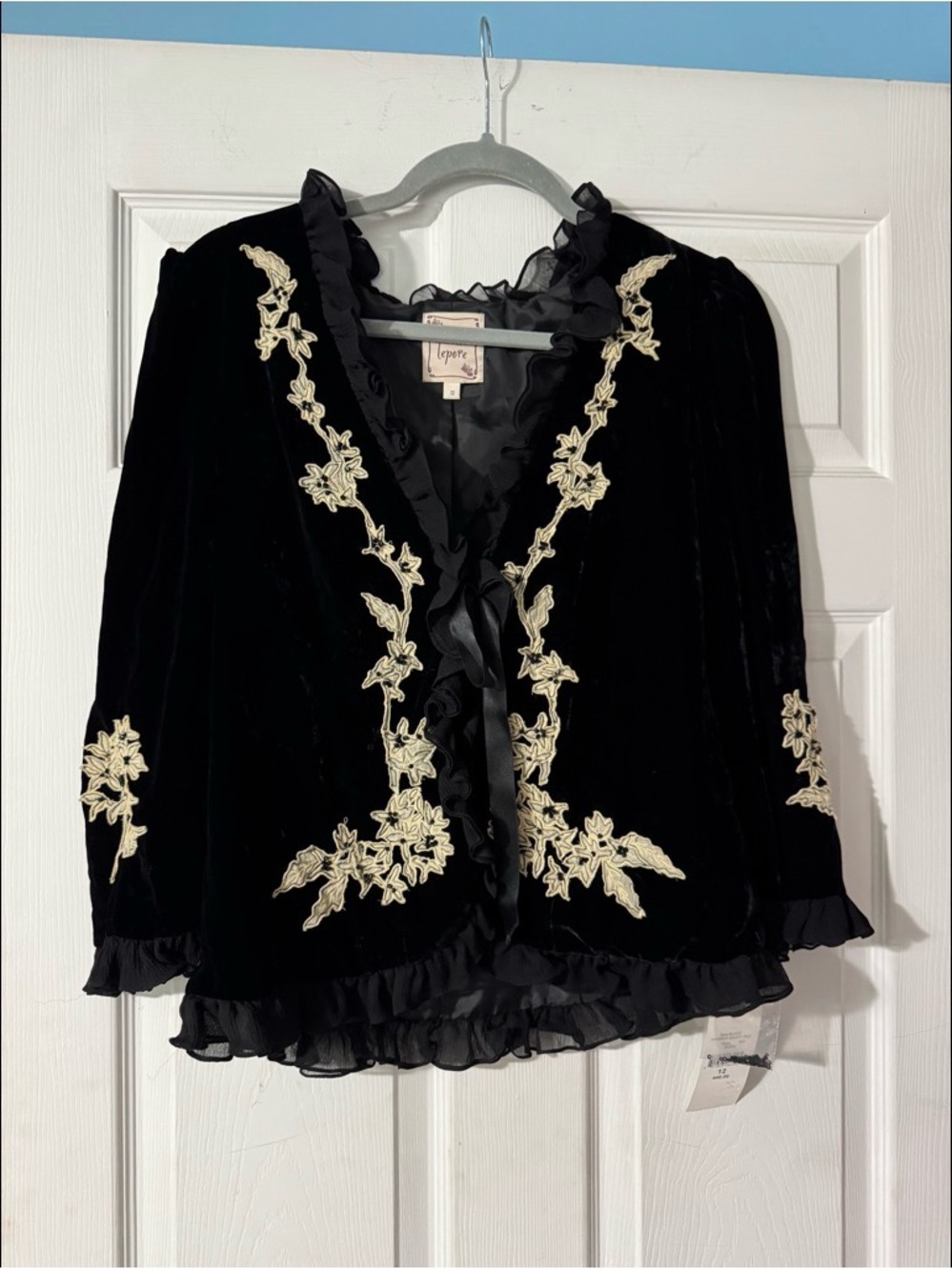 Nanette Lepore Black Velvet Jacket with Cream Floral Embroidery